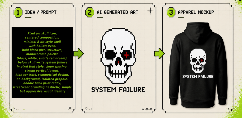 AI-generated apparel artwork workflow showing a text prompt, digital fashion graphic, and hoodie mockup design