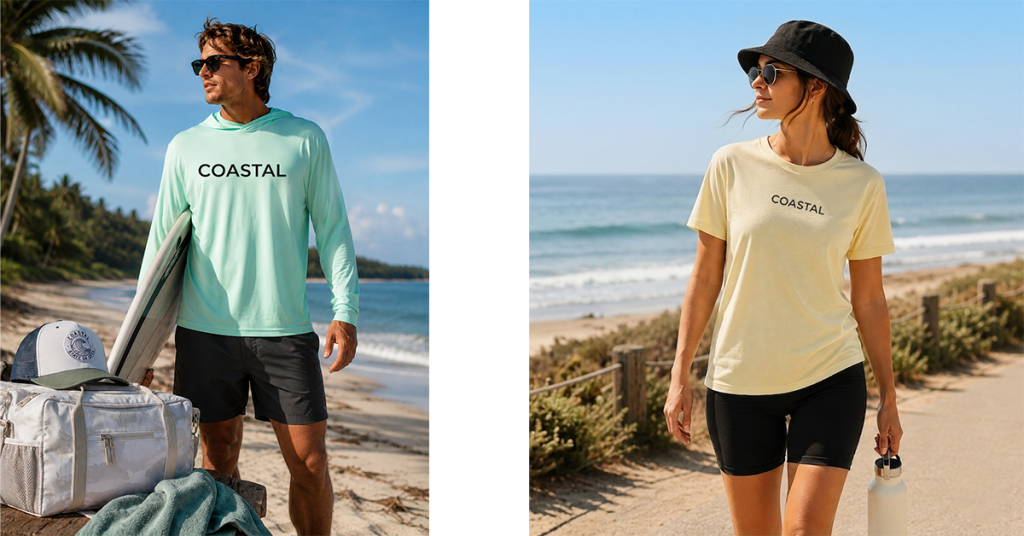 Beach lifestyle visual featuring a man wearing a Paragon Bahama Hooded LS Tee and a woman wearing a Hanes Perfect-T Triblend T-Shirt with Bella Canvas high-waist biker shorts near the ocean.