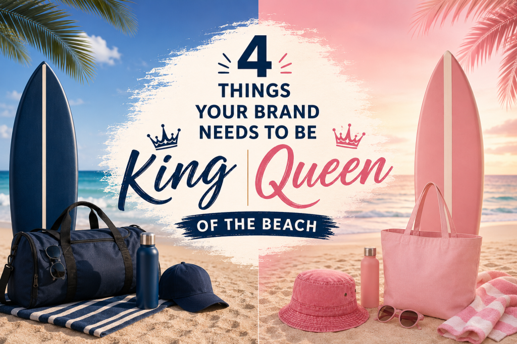 Coastal summer lifestyle featuring beachwear essentials including sunshirts, swim shorts, tote bags, hats, and beach accessories styled for a modern apparel brand.