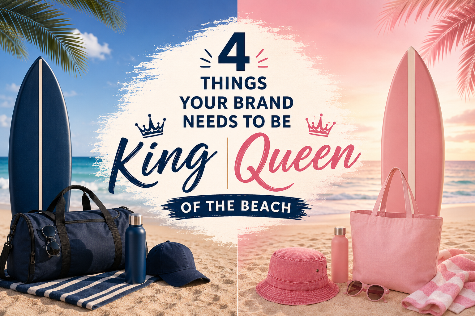 Coastal summer lifestyle featuring beachwear essentials including sunshirts, swim shorts, tote bags, hats, and beach accessories styled for a modern apparel brand.