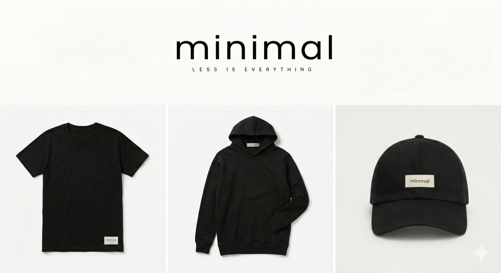 All-black collection featuring a t-shirt, hoodie, and hat shows how labels and patches can become the identity itself, turning branding into the core of minimalist design.
