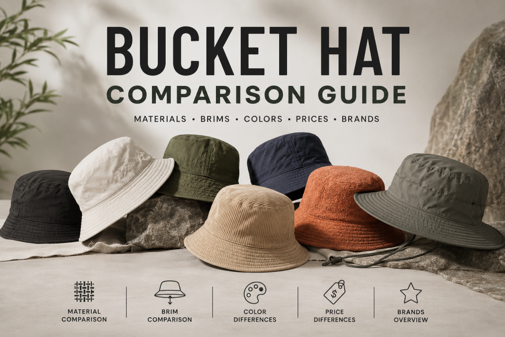 Custom bucket hat comparison guide featuring cotton, nylon, corduroy, and wide brim styles by Apliiq