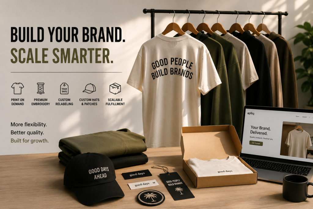 Custom streetwear apparel featuring premium t-shirts, hoodies, hats, embroidery, and print-on-demand branding essentials.