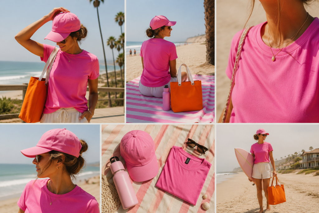 woman wearing a charity pink Wo’s Maple Tee with a matching charity pink surf cap and carrying an orange tote bag at the beach.