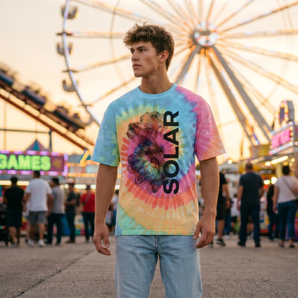 man wearing a colorful tie-dye shirt (CD100) with "SOLAR" text standing in a lively carnival scene with a Ferris wheel and game signs in the background.