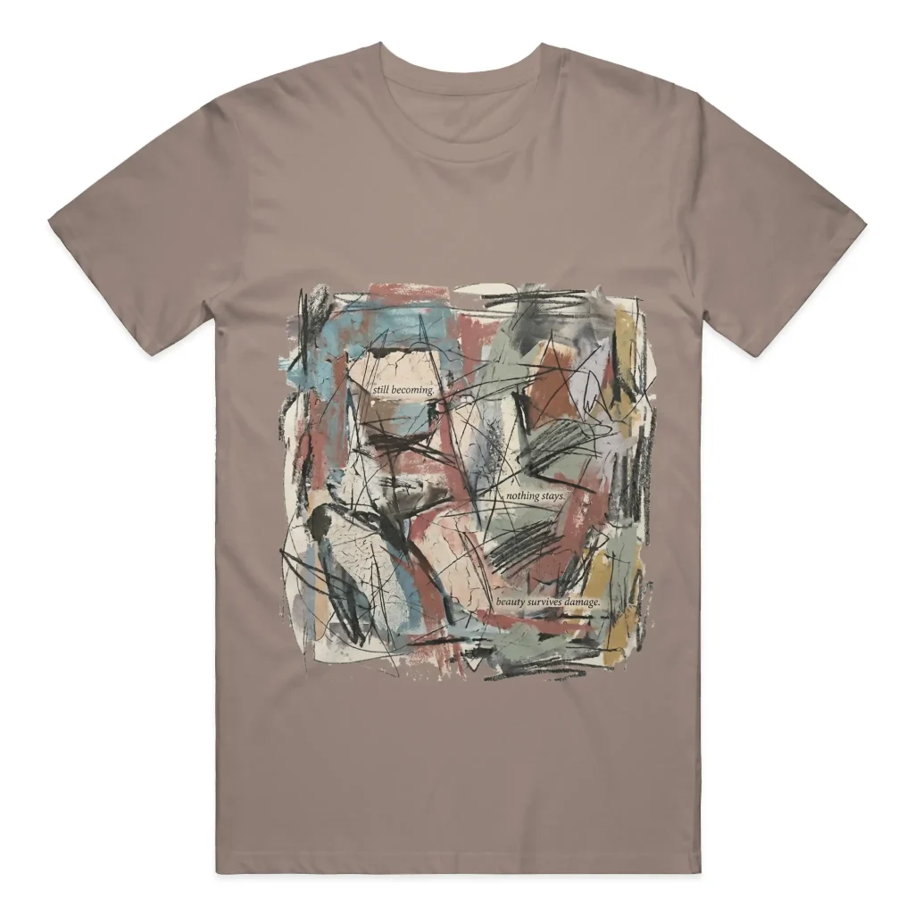 Gildan Mens T-Shirt 5000 in Brown Savana featuring large front artwork inspired by Wabi-Sabi and created using Apliiq mockup templates