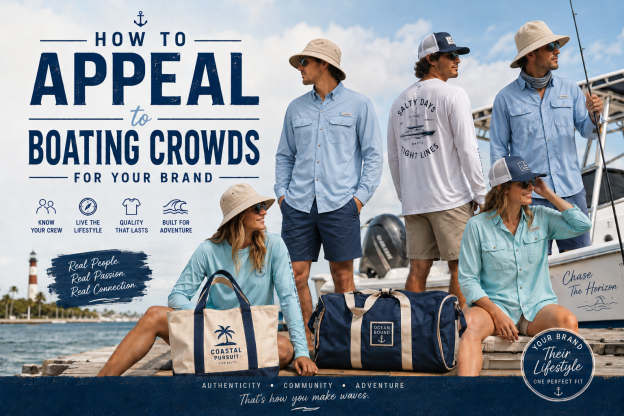 Boating Crowd shirts, Polo, shorts, tote bags, duffle bags, visors, Towels, and trucker hats are available on Apliiq for custom embroidery, DTF printing , woven label and private label services
