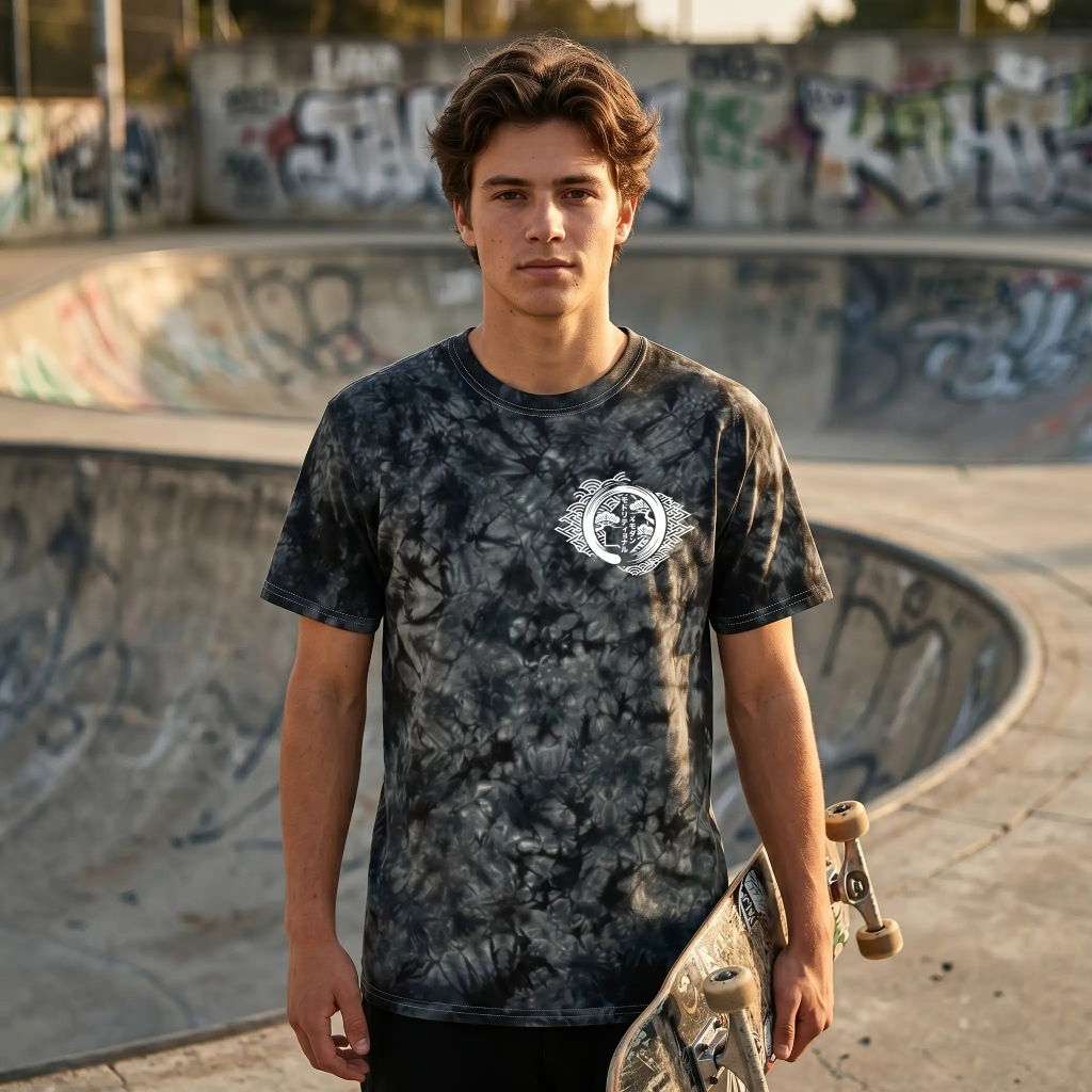 Man holding a skateboard wearing a crystal wash tie-dye t-shirt (1390) at a graffiti-covered skate park bowl.