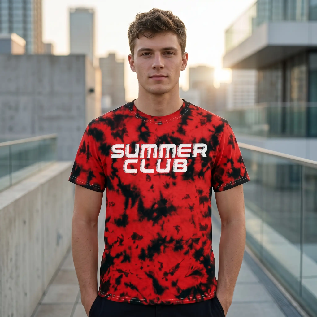 man standing on a rooftop at sunrise wearing a red and black tie-dye "Summer Club" t-shirt (1390) with a city skyline in the background.