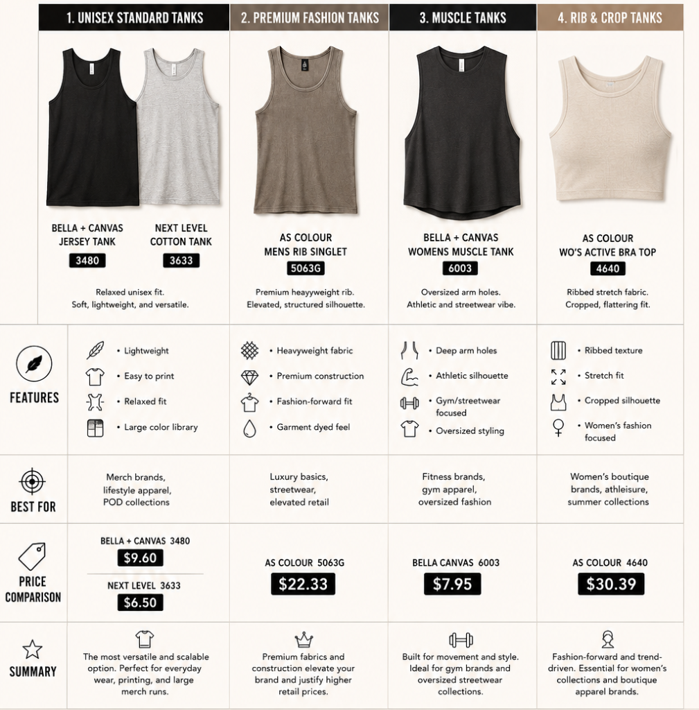 Comparison chart of Unisex Standard, Premium Fashion, Muscle, and Rib & Crop tank tops with photos, features, pricing, and brand details. available on apliiq for custom branding and pritning solutions