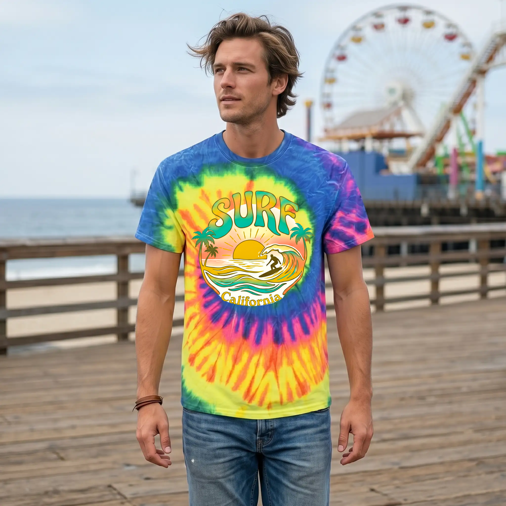 Man wearing a neon rainbow tie-dye “Surf California” t-shirt (CD100) on a beach boardwalk with a Ferris wheel in the background.
