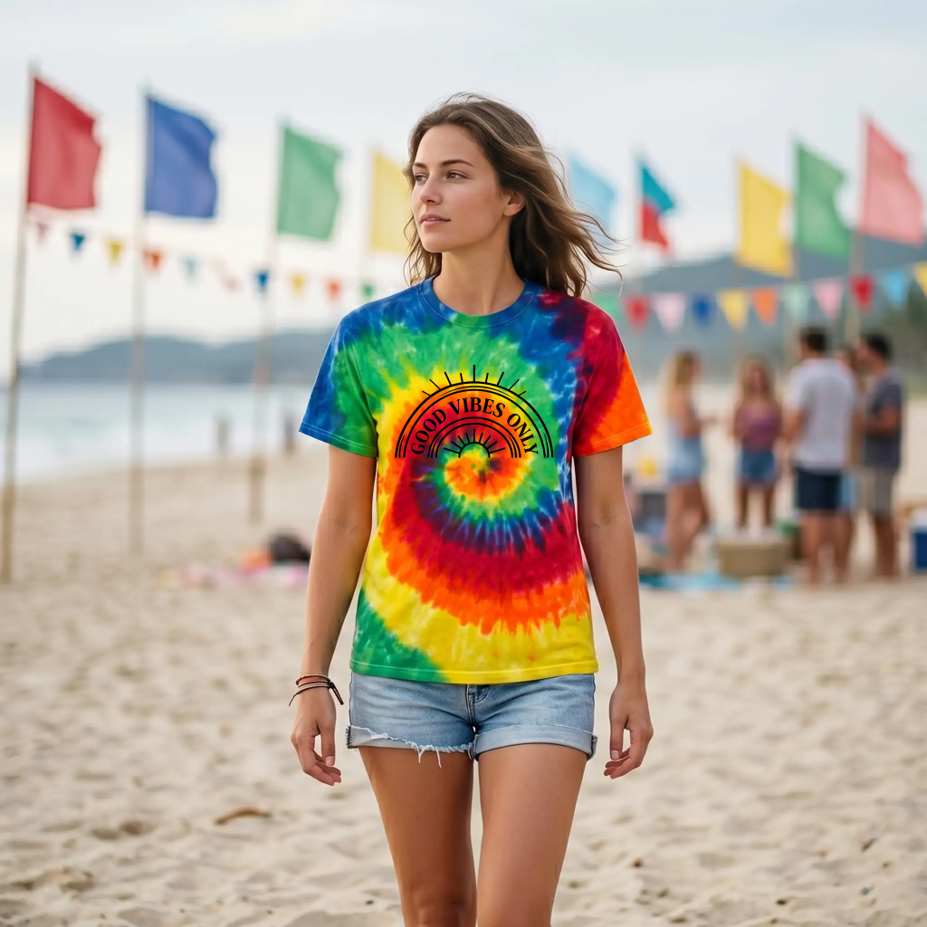 Woman wearing a colorful Moondance tie-dye “Good Vibes Only” t-shirt (CD100) walking on the beach with vibrant flags in the background.