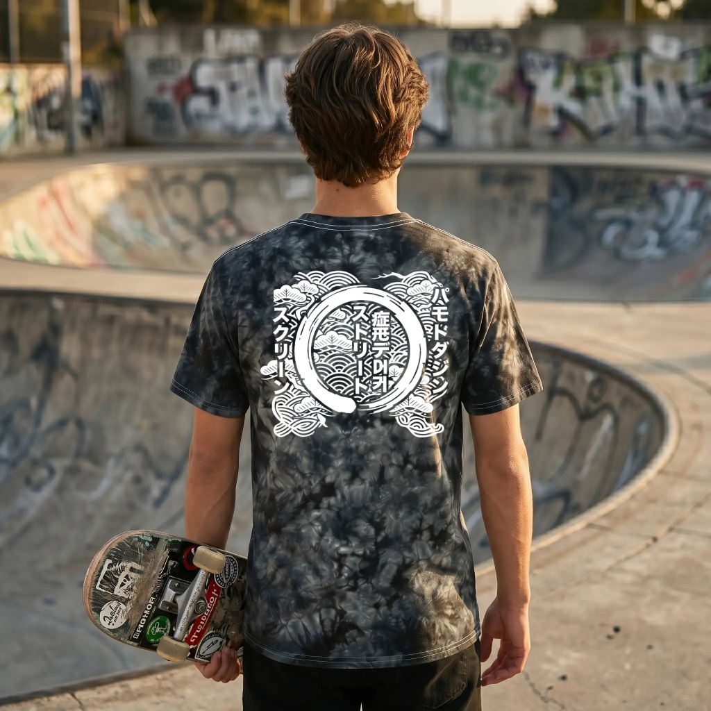 Man holding a skateboard wearing a crystal wash tie-dye t-shirt (1390) at a graffiti-covered skate park bowl.