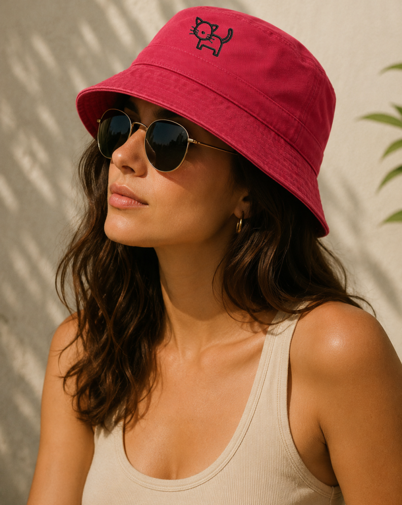 Woman wearing custom Port Authority PWSH2 bucket hat by Apliiq with black embroidery