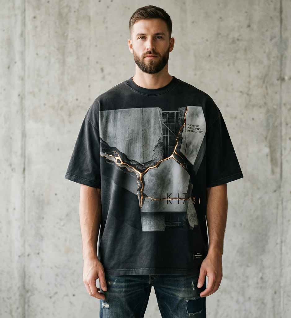 ShakaWear Garment-Dyed Drop-Shoulder Tee SHGDD featuring large front artwork inspired by Kintsugi and premium minimalist streetwear design