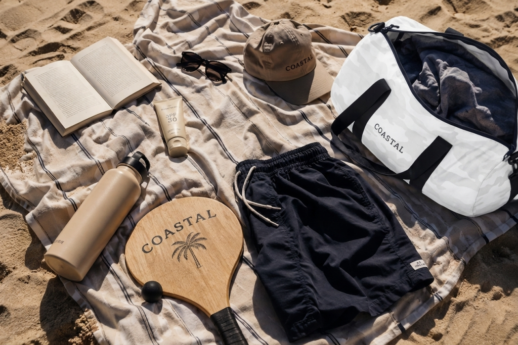 Beach lifestyle setup featuring a white camo 29L Day Tripper Duffel Bag, swim shorts, and a hat on the sand.