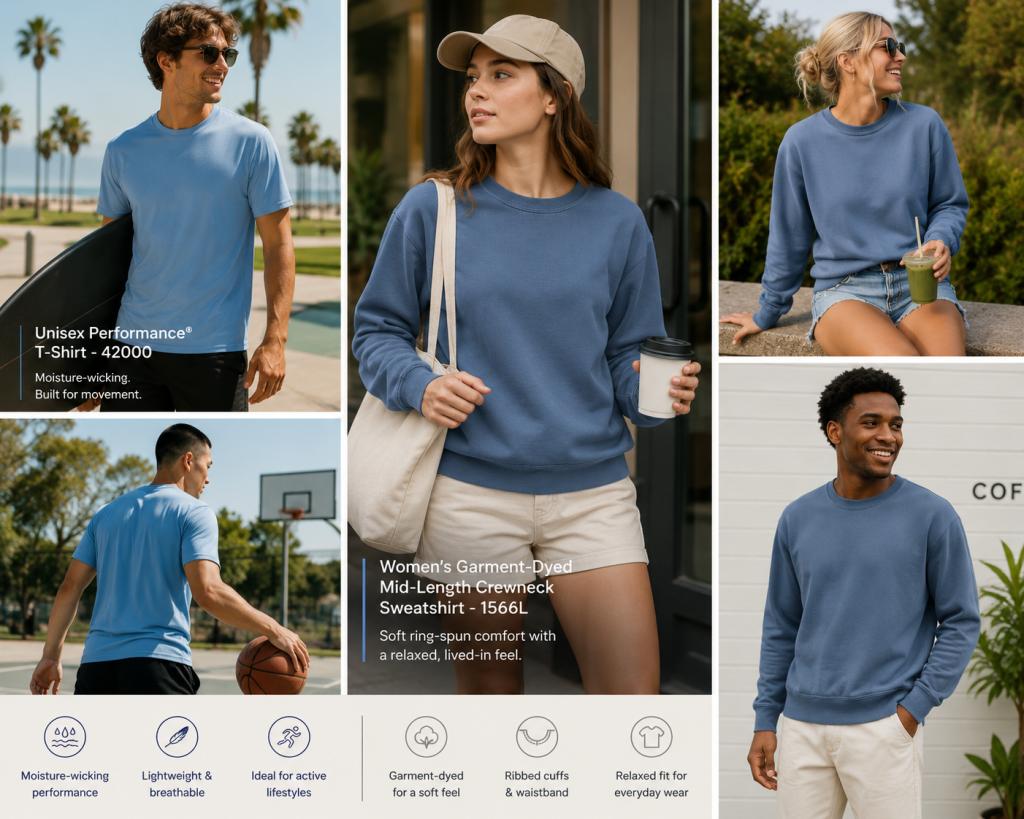 Women's apparel collection featuring the 1566L crewneck sweatshirt and 42000 performance t-shirt, available through Apliiq VIP sourcing.
