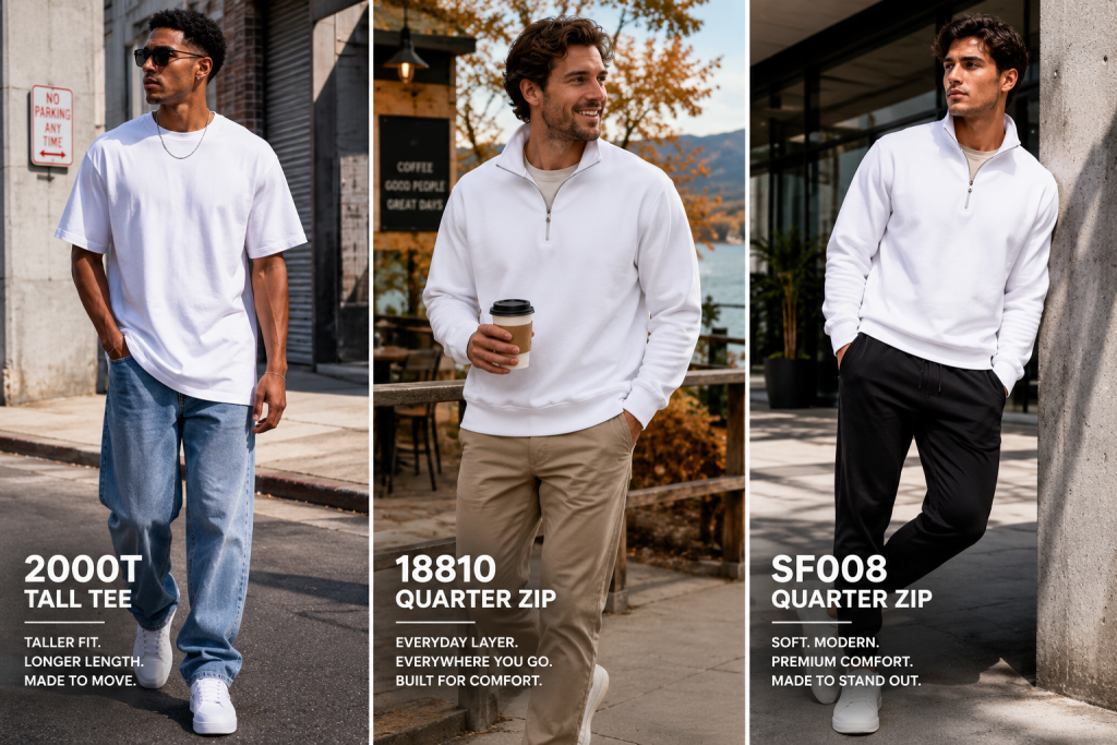 Men wearing the Gildan 2000T Tall Tee, 18810 Quarter-Zip, and SF008 Quarter-Zip in a casual lifestyle setting, available for customization through Apliiq.