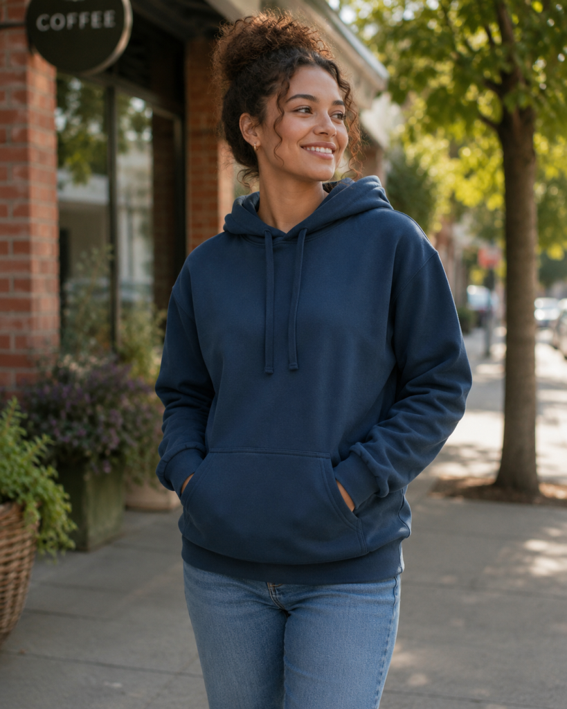 Woman wearing a blue Gildan 19500 Premium Fleece Hoodie with jeans in a relaxed, stylish look, available for customization through Apliiq.