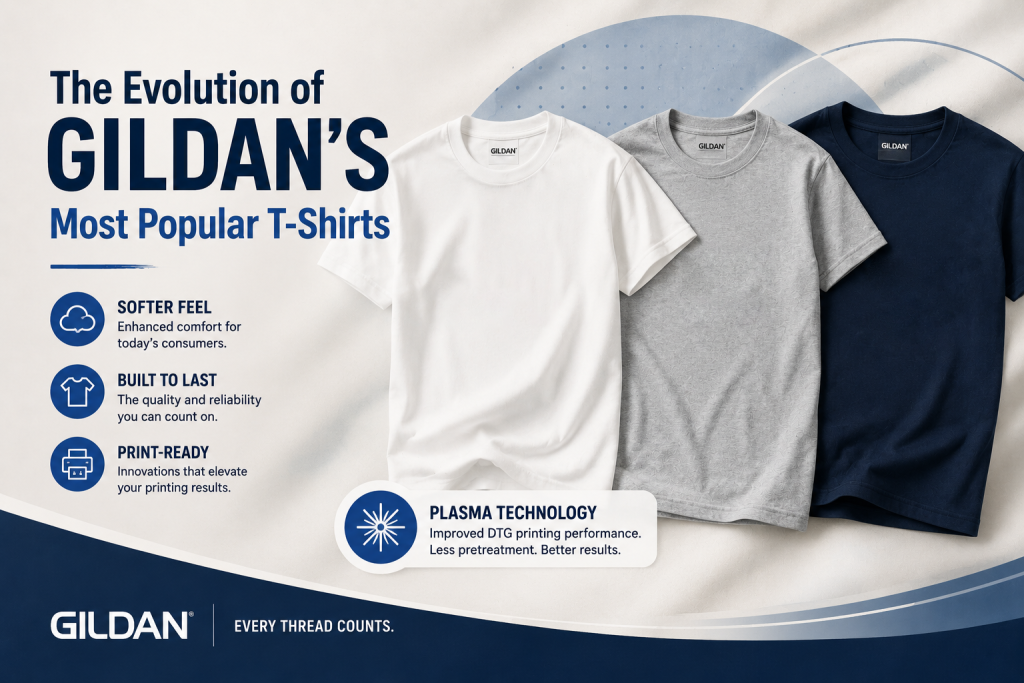 Gildan 5000 t-shirt comparison showing its evolution over the years, highlighting design and quality improvements, available for customization through Apliiq