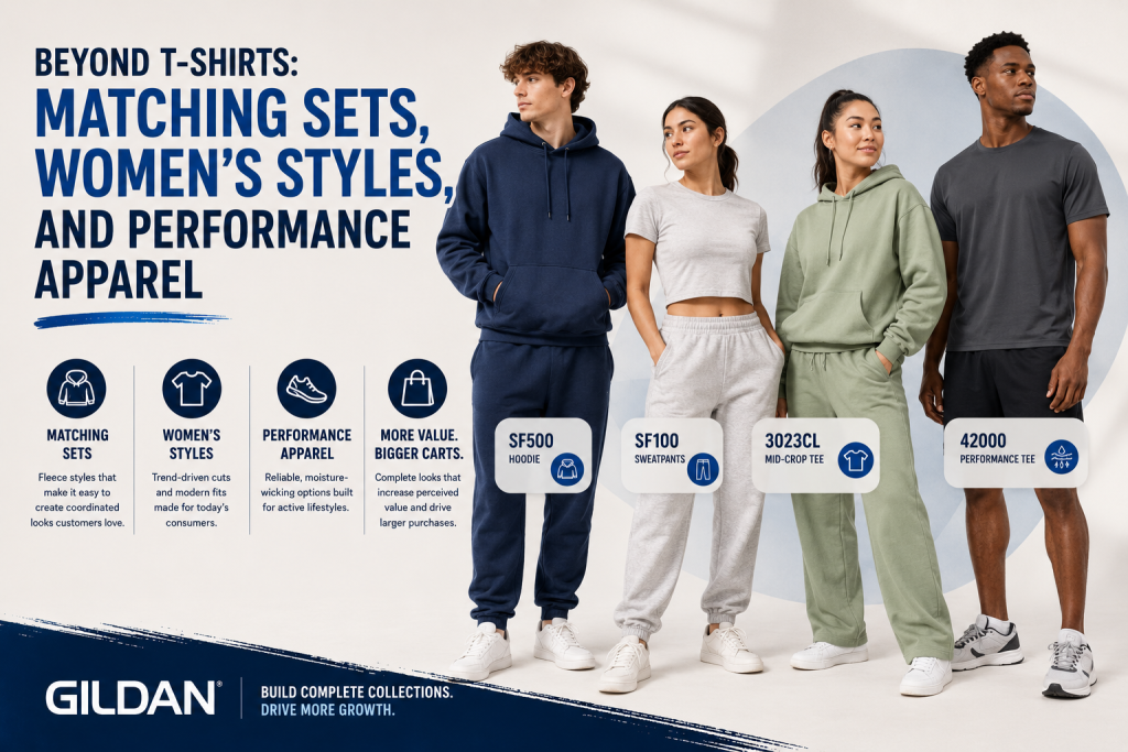 Gildan women's performance apparel featuring matching sets that combine style and performance, available for customization through Apliiq.