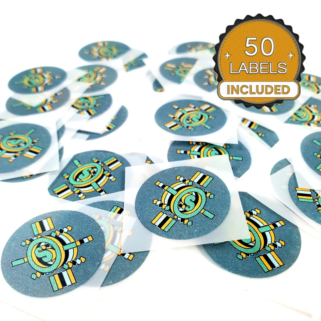 Collection of 50 custom printed labels included in Apliiq's Labels Subscription, showcasing private labeling options for building a strong brand identity.