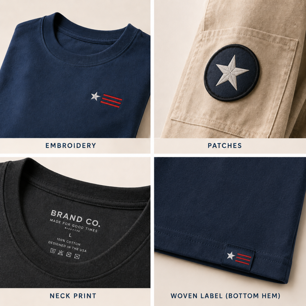Custom apparel branding details including embroidery, patches, neck prints, and woven labels for premium clothing brands.