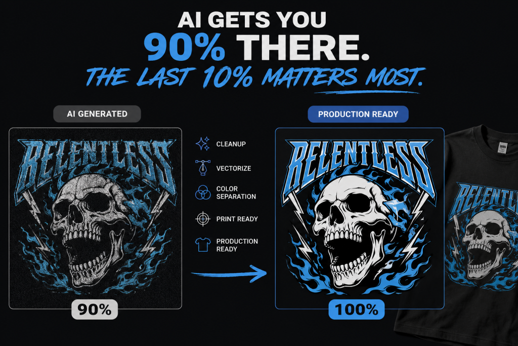 Comparison of AI generated artwork and production ready apparel design showing typography fixes, vector cleanup, color adjustments, and print preparation.