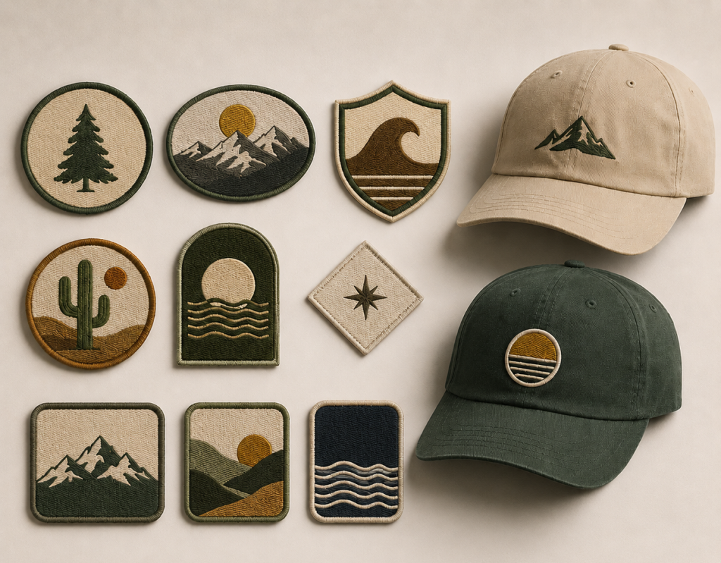 AI generated embroidery and patch design concepts for clothing brands showing stitched logos, embroidered graphics, and custom patch artwork.