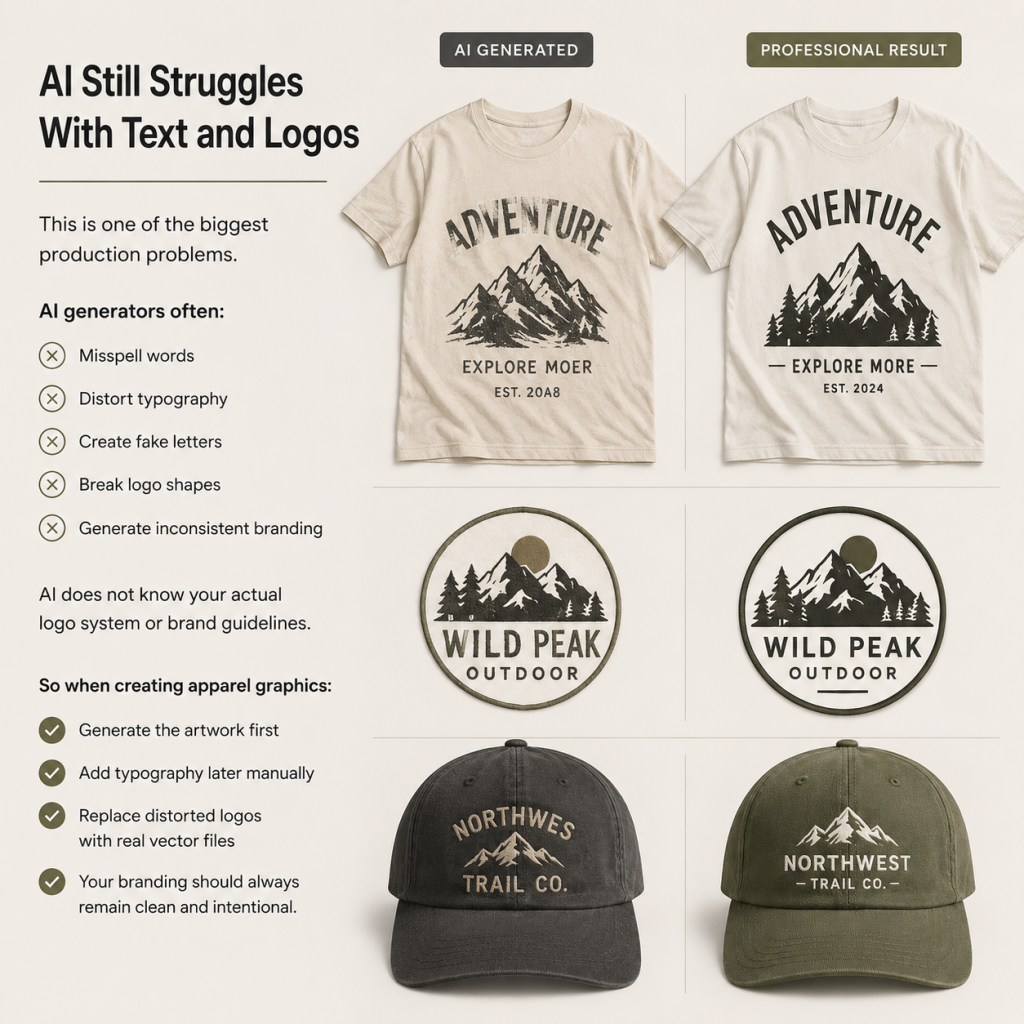 AI generated apparel artwork with distorted text, broken logos, and typography mistakes in clothing brand graphic design.