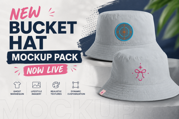 Bucket hat mockup pack featuring custom embroidered branding and front and back product previews