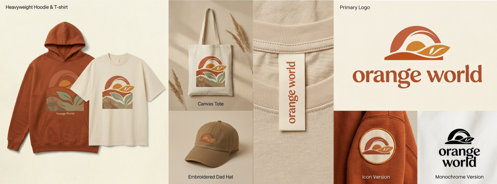 clothing brand collection with matching hoodie, t shirt, tote bag, and hat featuring consistent streetwear logo branding.