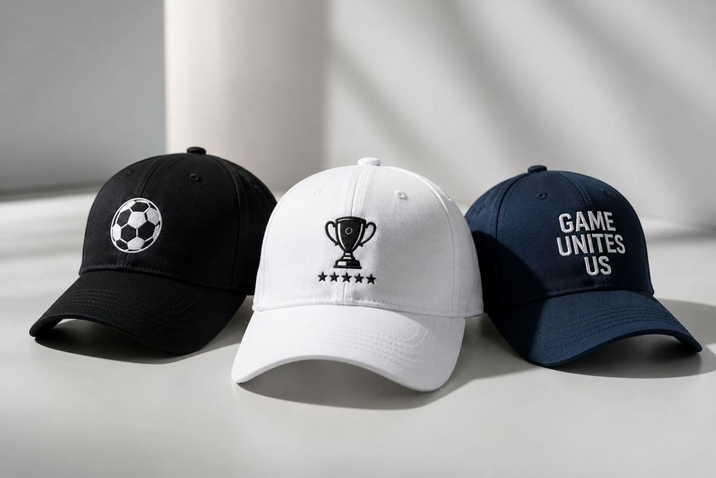 Custom hats available on Apliiq for embroidery, patches, woven labels, and private labeling, making them the most visible and recognizable apparel item for FIFA World Cup watch parties, team events, and branded fan merchandise.