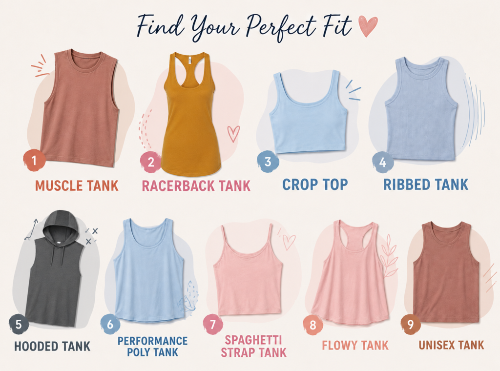 Tank tops and sleeveless shirts in multiple silhouettes showcasing muscle tanks, racerback tanks, and crop tanks to help brands choose the perfect fit and style.