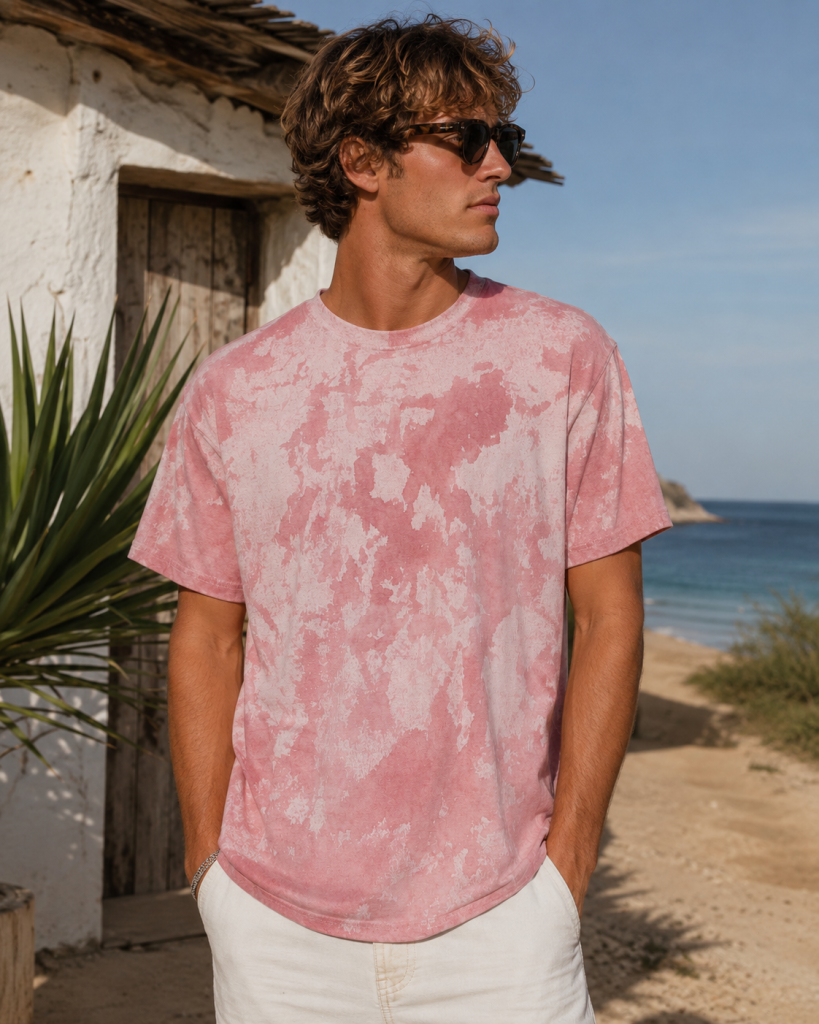 Man wearing a Gildan pink tie-dye T-shirt with a unique pigment-sprayed wash, showcasing a premium fashion look, available for customization through Apliiq.