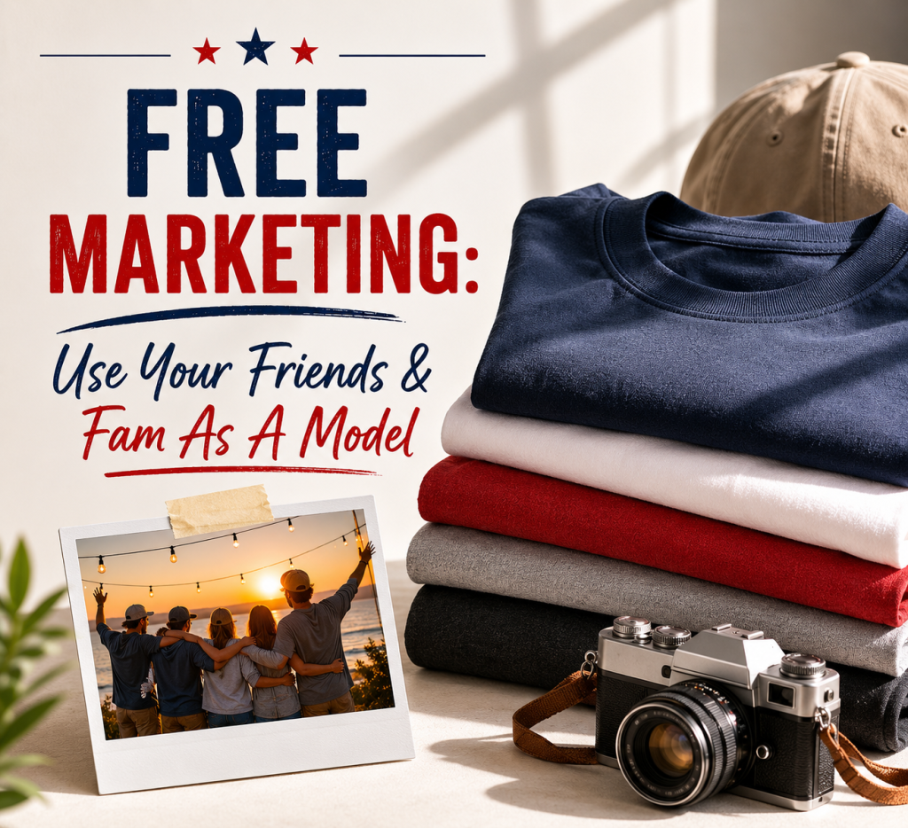 Friends and family modeling custom apparel for authentic clothing brand marketing and low-cost promotion of custom t-shirts and casual wear to this 4th of july.