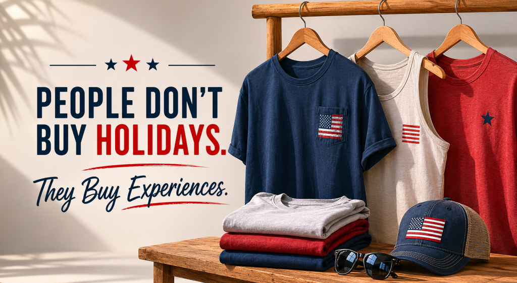 Patriotic custom apparel collection featuring custom t-shirts, tank tops, and hats designed for seasonal wear beyond 4th of july.