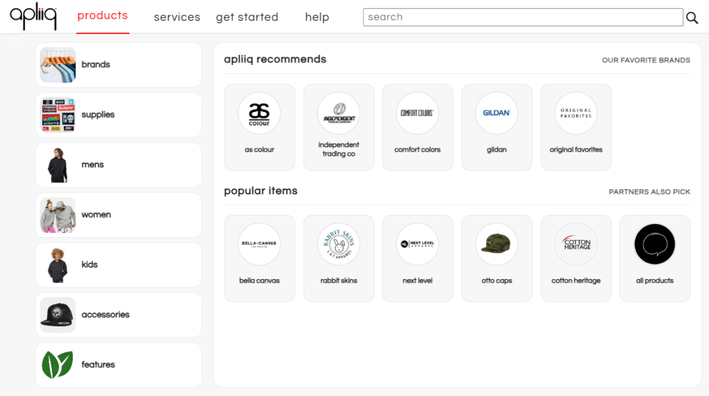 the Apliiq's interface highlighting different products available for users, emphasizing usability features.