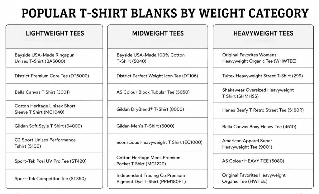 Popular t-shirt blanks grouped into lightweight, midweight, and heavyweight categories