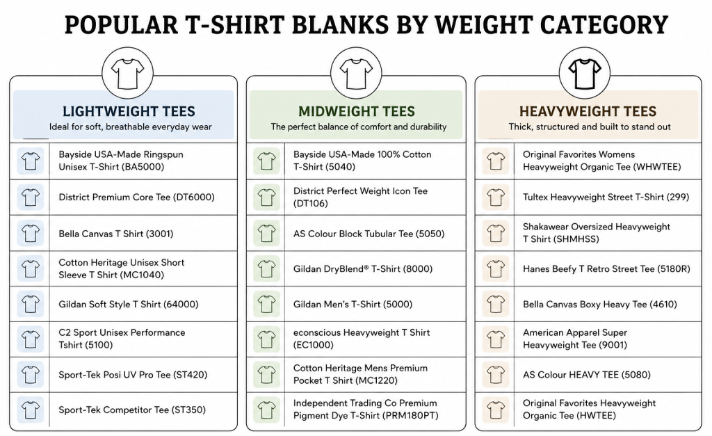 Popular t-shirt blanks grouped into lightweight, midweight, and heavyweight categories