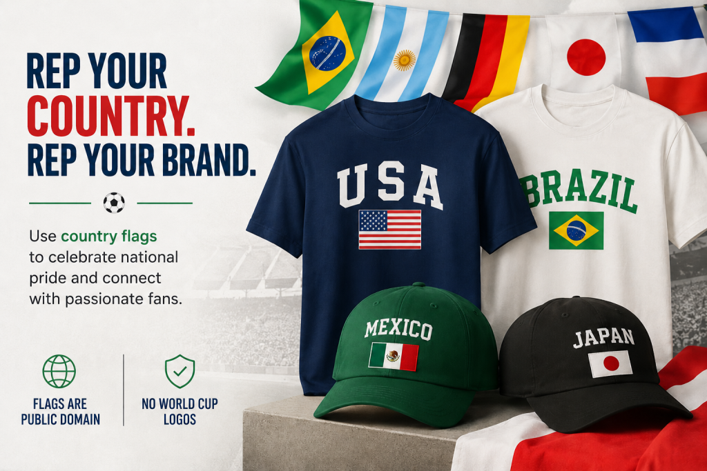 Two t-shirts and two hats featuring FIFA world cup USA, Brazil, Mexico, and Japan flags displayed beneath international flags, promoting country flag-inspired apparel branding.