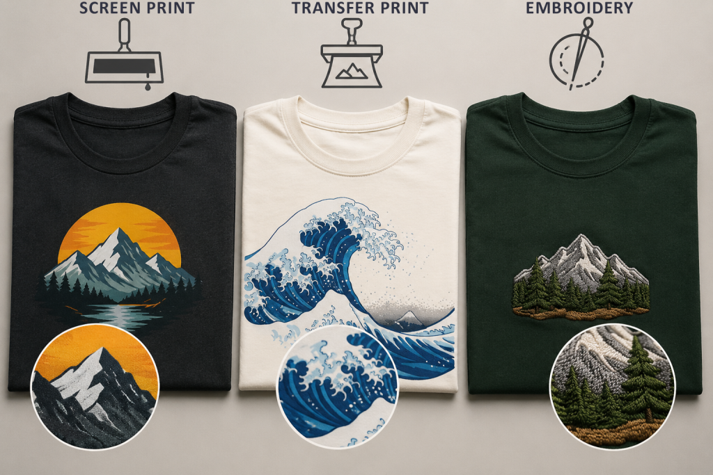 Comparison of screen printing, DTF printing, and embroidery on a t-shirt
