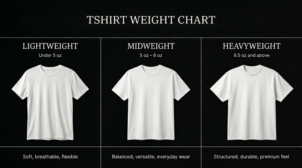 T-shirt weight chart comparing lightweight, midweight, and heavyweight tees by oz and fabric feel
