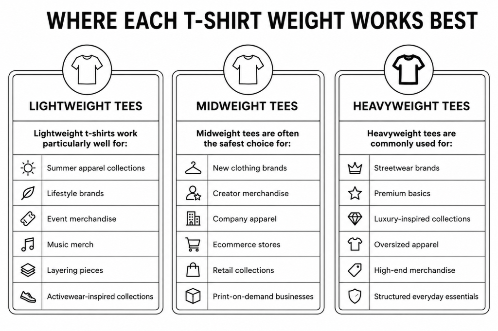 Chart showing best use cases for lightweight, midweight, and heavyweight t-shirts