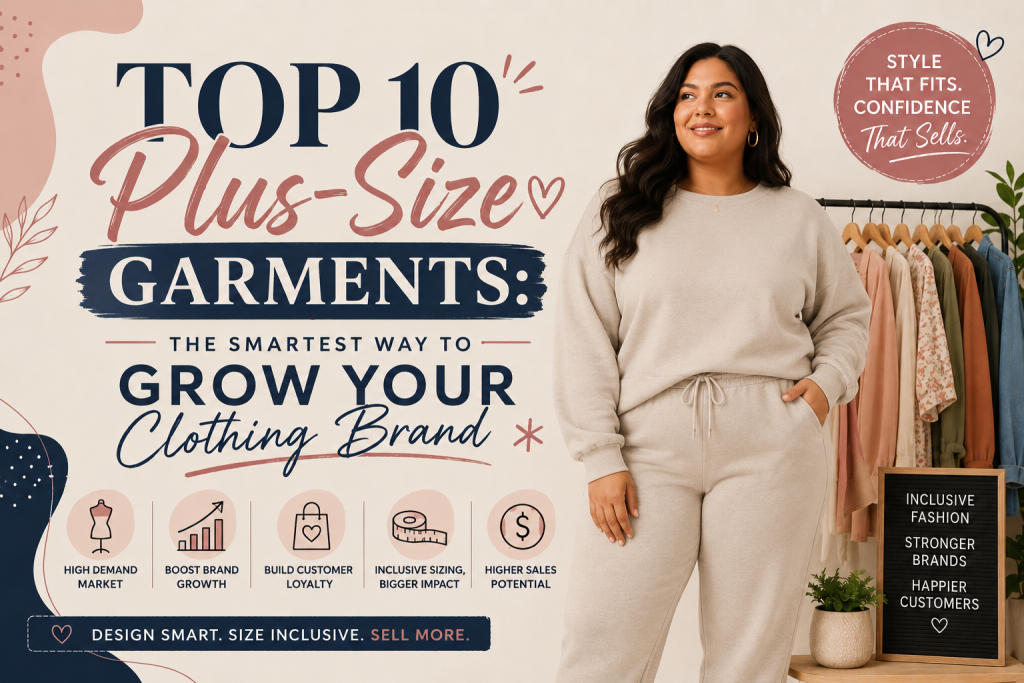 Top 10 plus size garments for clothing brands, featuring customizable apparel including oversized t-shirts, hoodies, crewnecks, tank tops, windbreakers, joggers, and athletic shorts available in extended sizes up to 5XL.