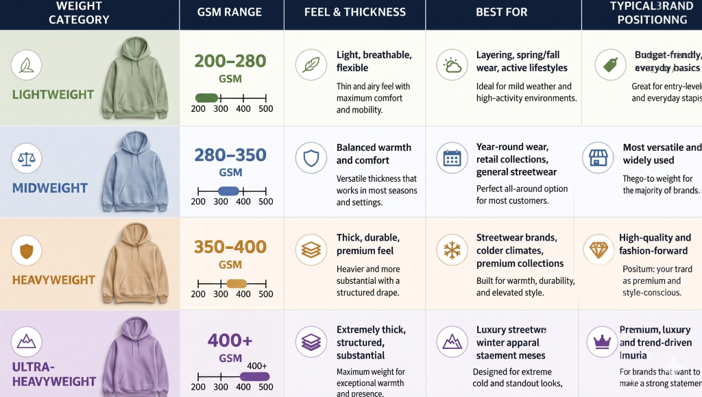 Guide to understanding hoodie weight and GSM, helping brands choose the ideal hoodie for customization with embroidery, patches, DTF printing, and woven labels through Apliiq.