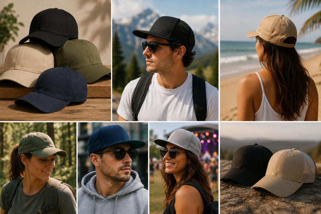 Custom hats showcasing Apliiq customization services, including custom embroidery, custom patches, and woven labels, highlighting a versatile summer essential for accessory brands.