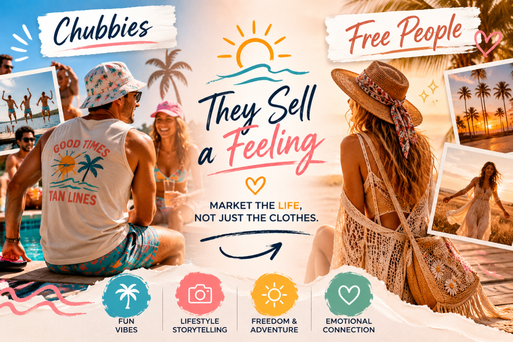 Summer lifestyle apparel inspired by brands like Free People and Chubbies, showing customers enjoying beach and outdoor moments while wearing stylish seasonal clothing that represents a lifestyle, not just clothes.