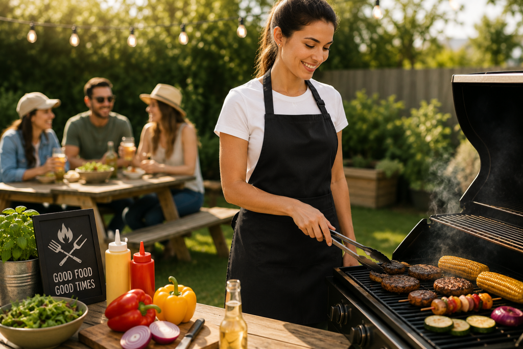 Custom aprons showcasing Apliiq customization services, including custom embroidery, custom patches, and woven labels, highlighting a versatile summer essential for accessory brands.