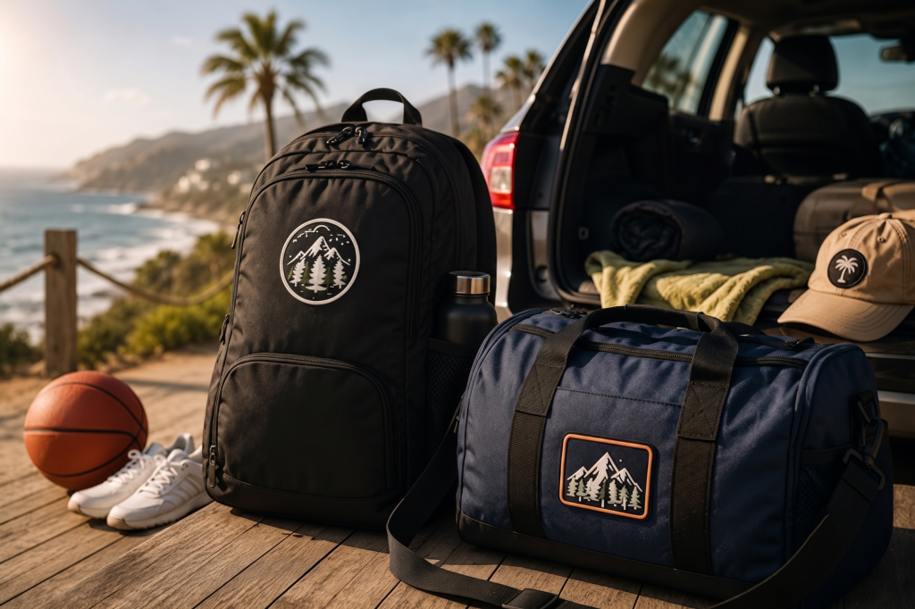 Custom duffle bags showcasing Apliiq customization services, including custom embroidery, custom patches, and woven labels, highlighting a versatile summer essential for accessory brands.